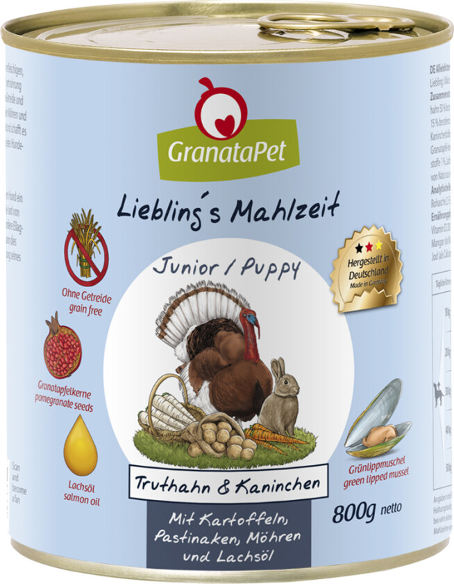Bilde av GranataPet Liebling's Meal 24 x 800 g i økonomipakke - Junior kalkun og kanin med potet, pastinakk og lakseolje