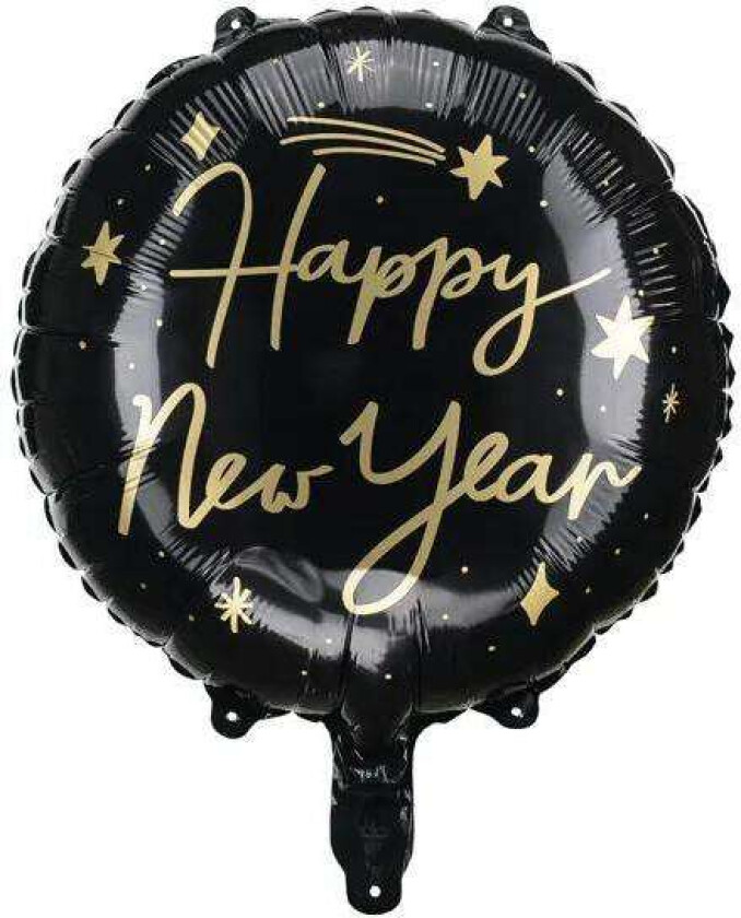 Folieballong -Happy New Year- Gull og svart