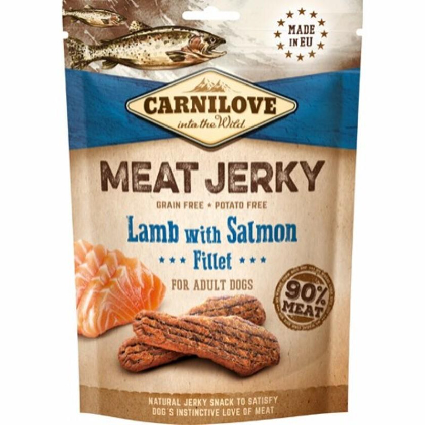 Dog Meat Jerky Lamb with Salmon Fillet Bar Godbiter til hund 100 g